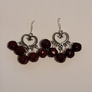 Handmade Jingle Bell Heart Earrings Silver Tone Holiday Dangle Jewelry